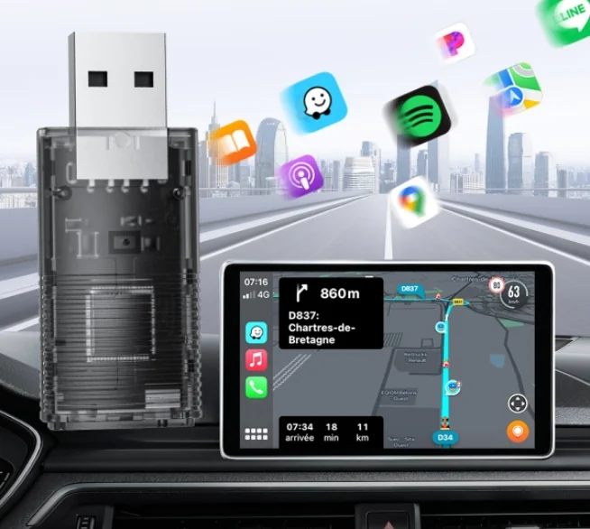 Technaxx TX-346 Wireless Adapter neben einem Fahrzeugdisplay mit Navigationsansicht