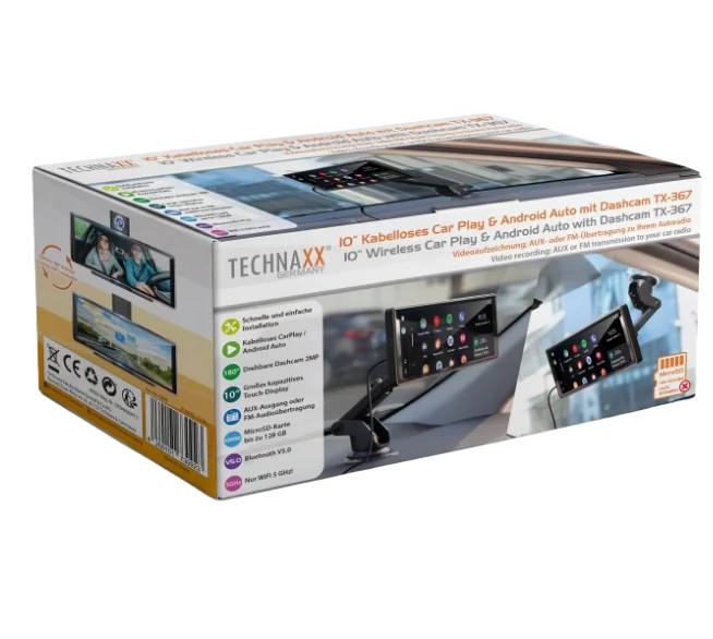 Produktverpackung des Technaxx TX-367 Wireless CarPlay Displays mit Dashcam