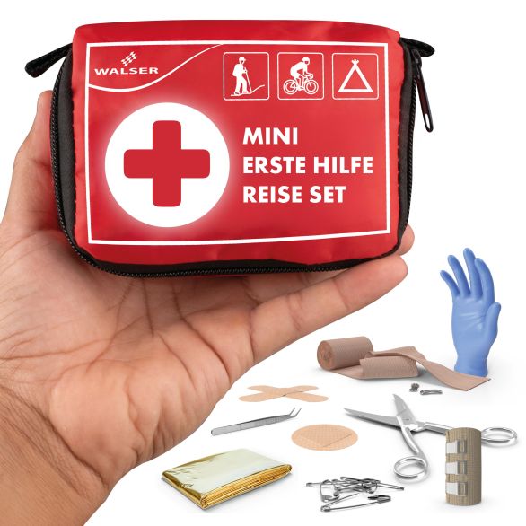 WALSER Mini KFZ Verbandstasche rot nach EU-Verordnung 2017/745, wasserfestes Erste Hilfe Reise Set für unterwegs, Notfall-Set