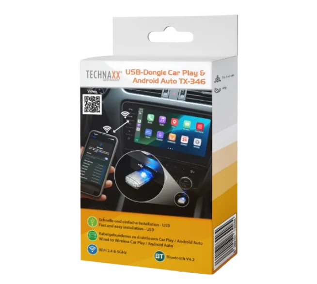Verkaufsverpackung des Technaxx TX-346 CarPlay und Android Auto USB-Dongles