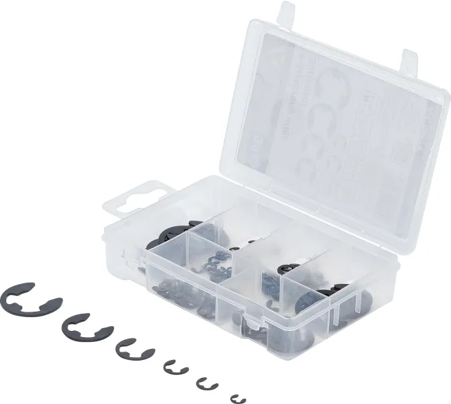 BGS technic E-Sicherungsring-Sortiment in der Produktansicht, als übersichtliches Werkzeugset für Werkstatt, Garage und Montage.