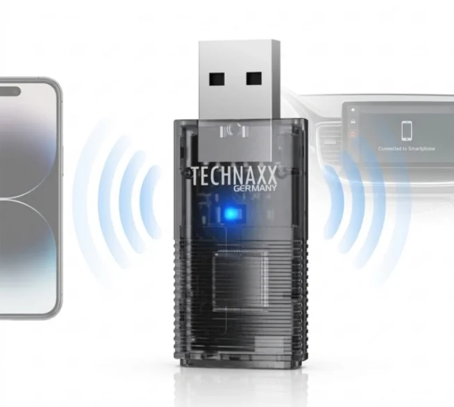 Technaxx TX-346 verbindet ein Smartphone kabellos mit dem Infotainment-System im Auto