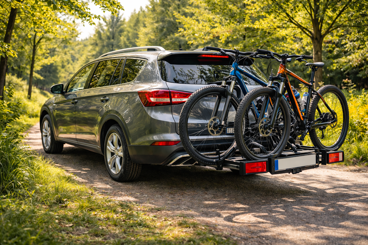 SUV mit Mountainbikes im Wald