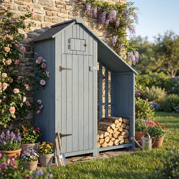 Grauer Holz-Geräteschrank mit schrägem Dach, geschlossener Tür und seitlichem Kaminholzfach im Garten.