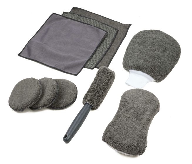 WALSER Auto Pflege Set, 9-teiliges inkl. Mikrofasertücher, -Pads, Schwamm, Bürste und Handschuh