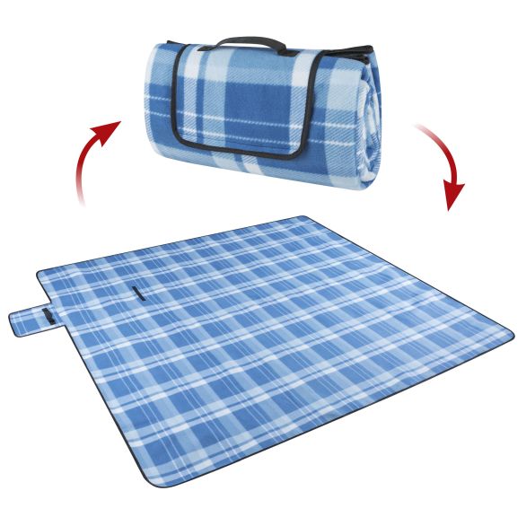 WALSER Reisedecke XXL, Campingdecke wärmeisoliert und wasserdicht, Urlaubsdecke mit Tragegriff blau/weiß-karo 200x200 cm